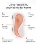 A white and rose-gold personal massager is centered on a light gray background with callout lines and text describing features: 4 RF electrodes, 3 energy levels, vibration massage, ergonomic design, and an auto safety sensor that stops at 41°C.