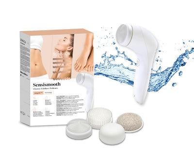 Sensismoth buffing kit featuring a white handheld device, its retail packaging box, and three interchangeable cleansing heads, set against a white background with a blue water splash graphic.