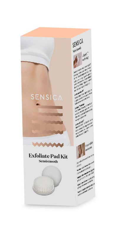 SENSICA Exfoliate Pad Kit in its retail packaging, featuring a white box with peach-colored graphics showing skin texture and two white circular exfoliating pads.