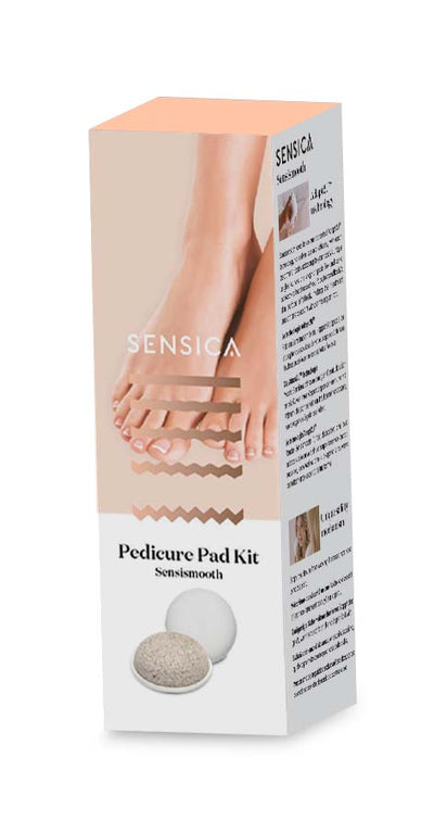 SENSICA Pedicure Pad Kit Sensismooth in a tall white and peach box with a photo of feet and illustrations of the pads, shown on a white background.